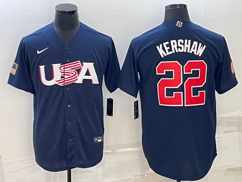 Men's 2023 World Baseball Classic #22 Clayton Kershaw USA Navy Jersey1 baseball jersey product view 1
