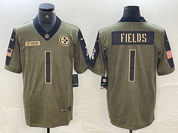 Men's Pittsburgh Steelers Justin Fields #1 Olive 2021 Salute To Service Player Limited Jersey1 football jersey product view 1