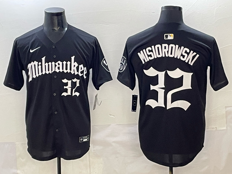 Men's Milwaukee Brewers Jacob Misiorowski #32 Black Replica Player Jersey baseball jersey product view 1