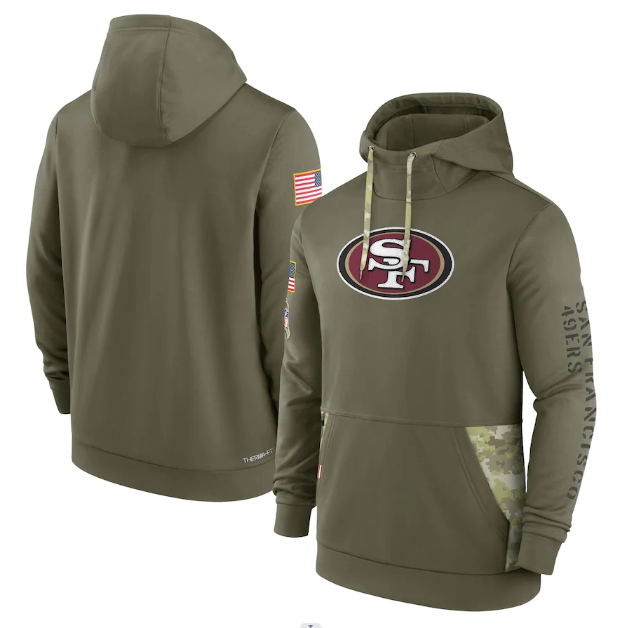Men's San Francisco 49ers Olive 2022 Salute to Service Therma Performance Pullover Hoodie1 football jersey product view 1