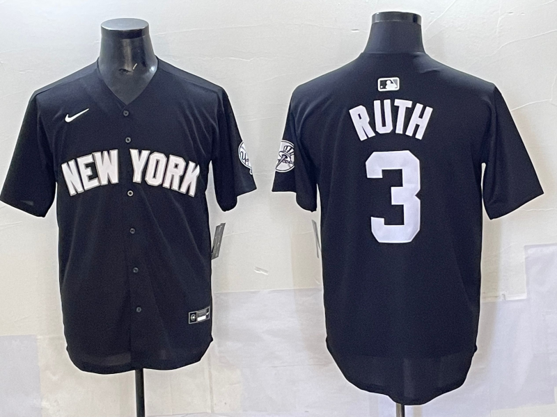 Men's New York Yankees Babe Ruth #3 Black Lights Out Replica Player Jersey baseball jersey product view 1