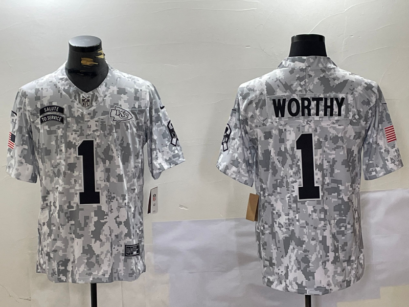 Men's Kansas City Chiefs Xavier Worthy #1 Arctic Camo 2024 Salute to Service Limited Jersey1 football jersey product view 1