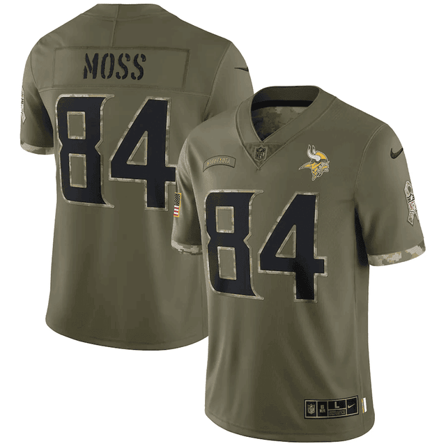 Randy Moss Minnesota Vikings 2022 Salute To Service Retired Player Limited Jersey - Olive football jersey product view 1