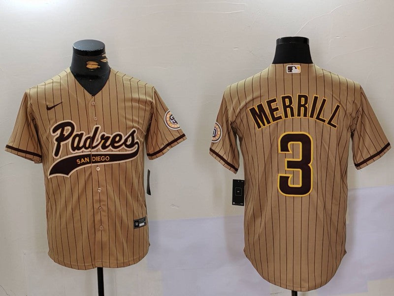 Men's San Diego Padres Jackson Merrill #3 Tan Alternate Replica Player Jersey baseball jersey product view 1