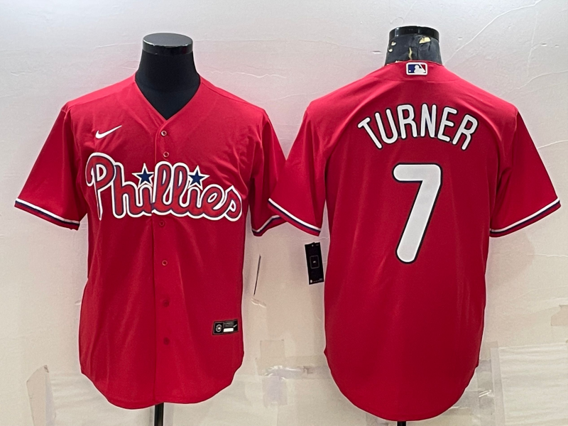 Men's Philadelphia Phillies Trea Turner #7 Red Replica Player Jersey1 baseball jersey product view 1