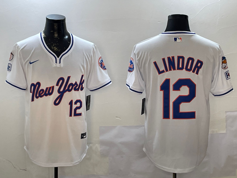 Men's New York Mets Francisco Lindor #12 White Replica Player Jersey1 baseball jersey product view 1