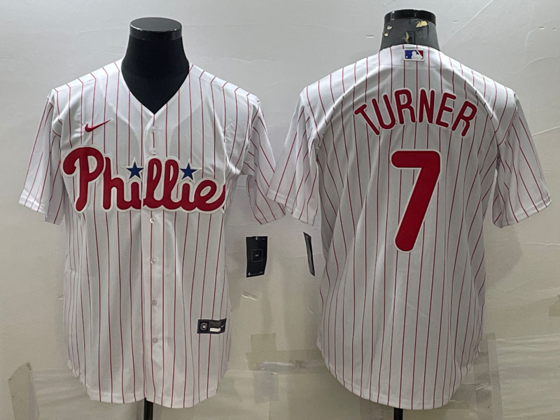 Men's Philadelphia Phillies Trea Turner #7 White Home Replica Player Jersey1 baseball jersey product view 1