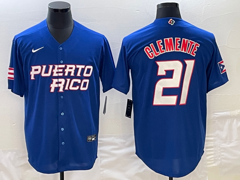 Men's 2023 World Baseball Classic #21 Roberto Clemente Puerto Rico Blue Jersey1 baseball jersey product view 1