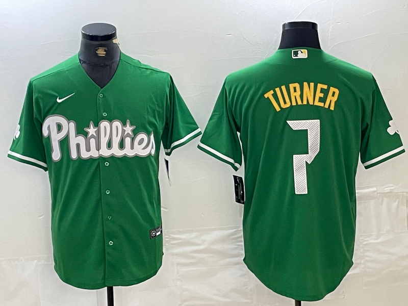 Men's Philadelphia Phillies Trea Turner #7 Green Replica Player Jersey1 baseball jersey product view 1