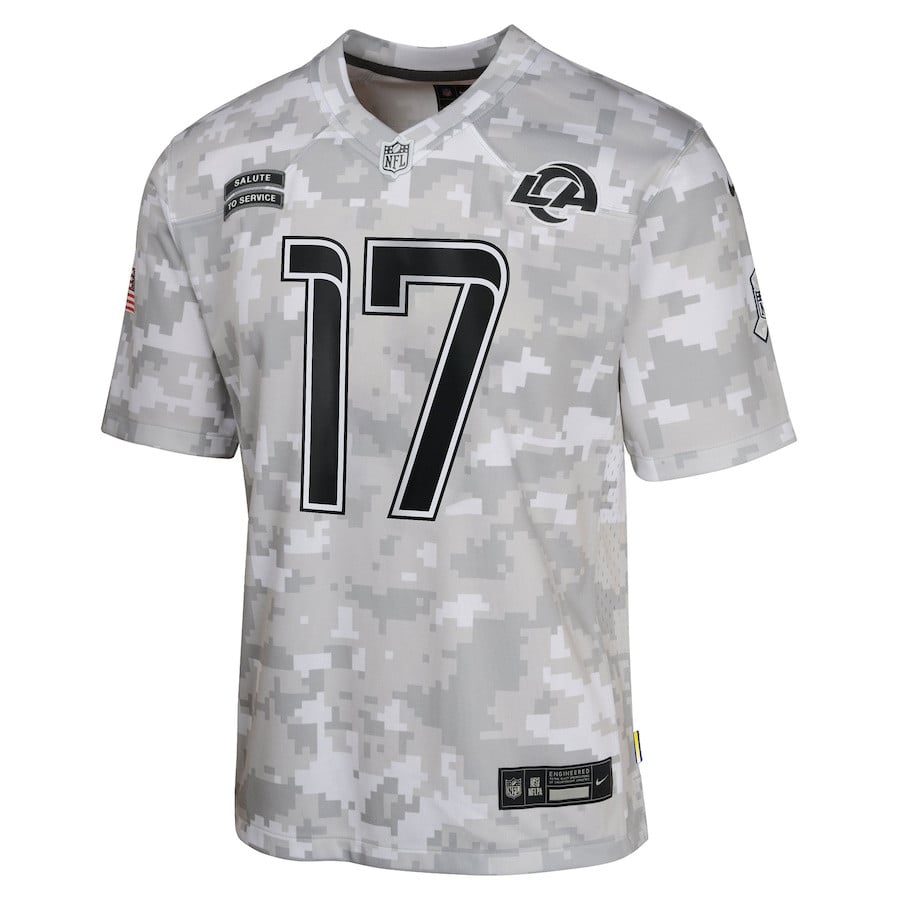 Puka Nacua #17 Los Angeles Rams Arctic Camo 2024 Salute to Service YOUTH Jersey - National Football League 2024 football jersey product view 2
