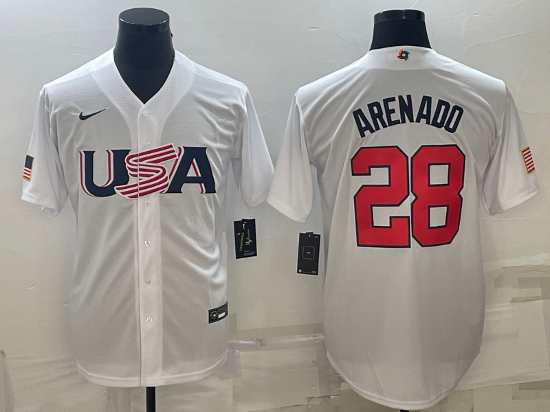 Men's 2023 World Baseball Classic #28 Nolan Arenado USA White Jersey1 baseball jersey product view 1