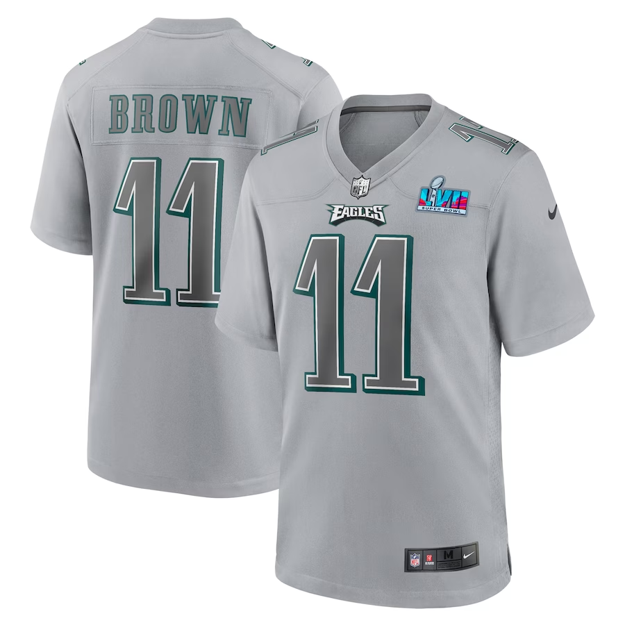 Men's Philadelphia Eagles A.J. Brown #11 Gray Super Bowl LVII Patch Atmosphere Fashion Game Jersey1 football jersey product view 1