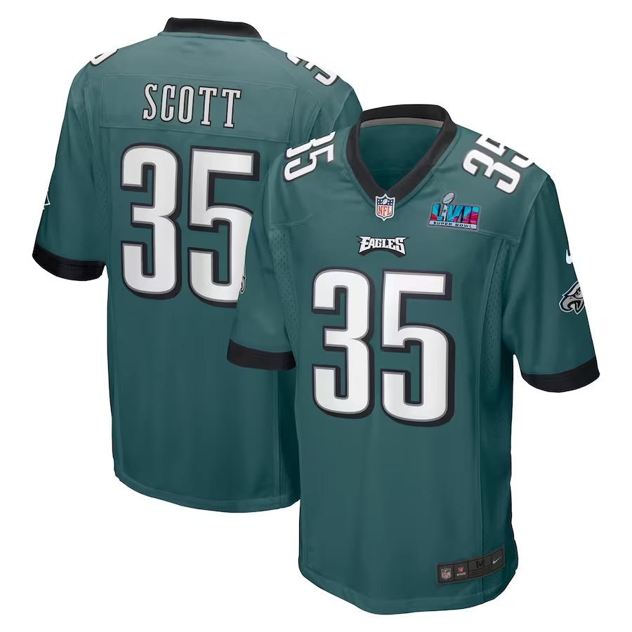 Men's Philadelphia Eagles Boston Scott #35 Midnight Green Super Bowl LVII Patch Game Jersey1 football jersey product view 1