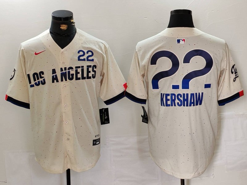 Men's Los Angeles Dodgers Clayton Kershaw #22 Cream 2024 City Connect Replica Player Jersey1 baseball jersey product view 1