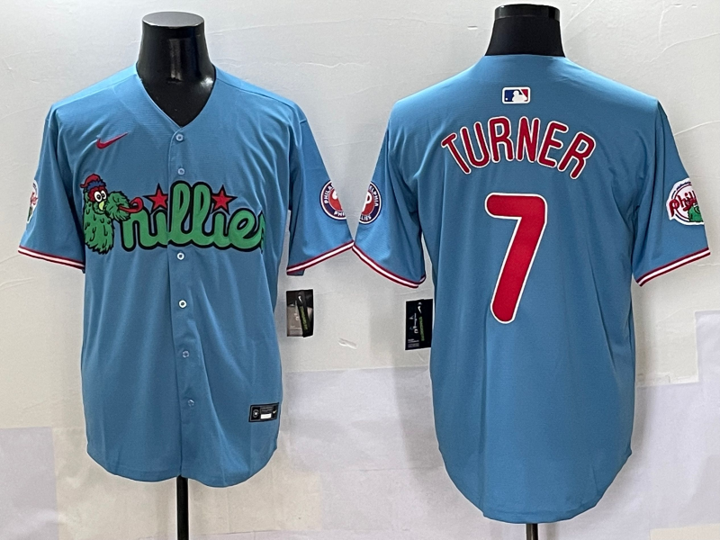 Men's Philadelphia Phillies Trea Turner #7 Blue Player Jersey baseball jersey product view 1
