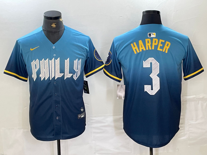 Men's Philadelphia Phillies Bryce Harper #3 Blue 2024 City Connect Limited Player Jersey1 baseball jersey product view 1