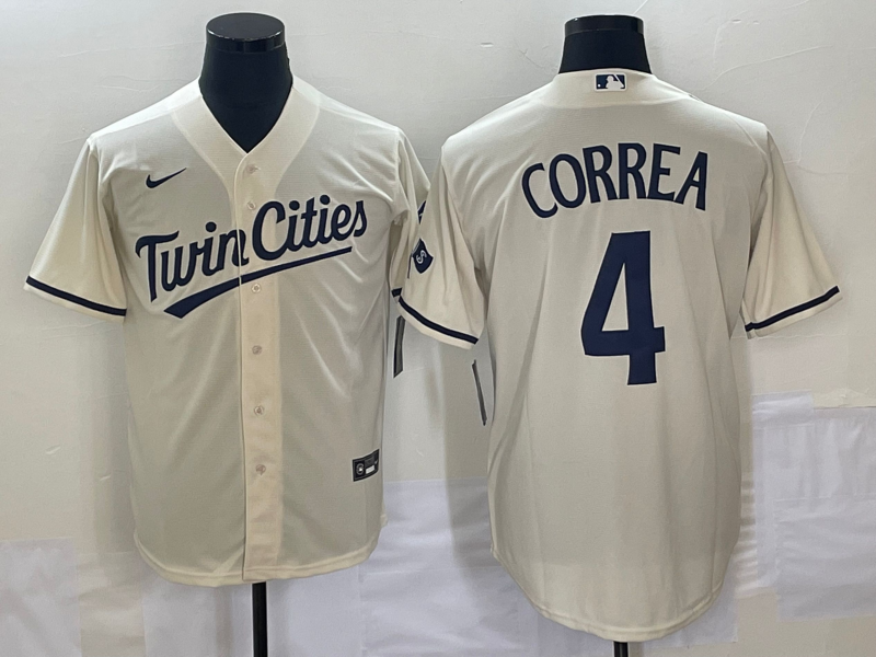 Men's Minnesota Twins Carlos Correa #4 Beige Alternate Replica Player Jersey baseball jersey product view 1