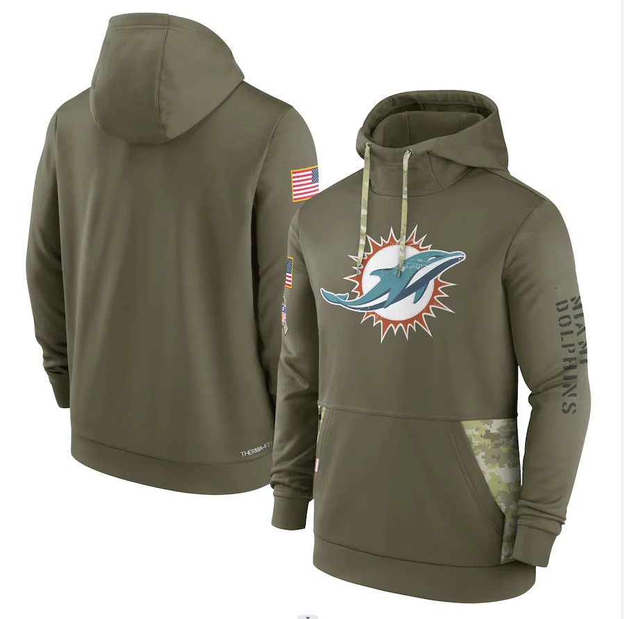 Men's Miami Dolphins Olive 2022 Salute to Service Therma Performance Pullover Hoodie1 football jersey product view 1