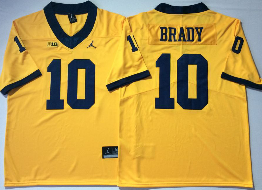 Men's Michigan Wolverines Tom Brady #10 Yellow Alumni Player Game Jersey sports jersey product view 1