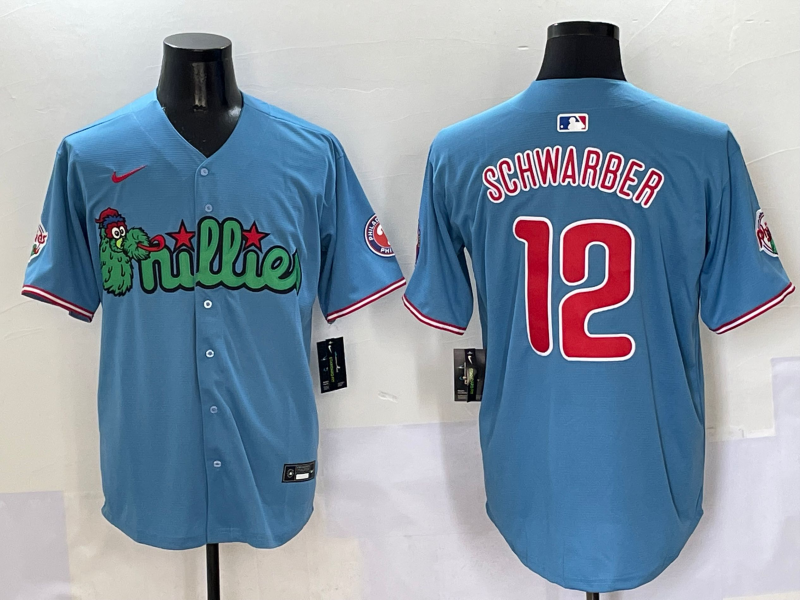 Men's Philadelphia Phillies Kyle Schwarber #12 Blue Player Jersey baseball jersey product view 1