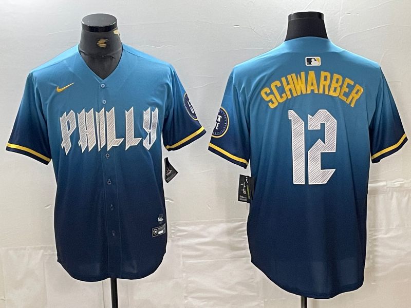Men's Philadelphia Phillies Kyle Schwarber #12 Blue 2024 City Connect Limited Player Jersey1 baseball jersey product view 1
