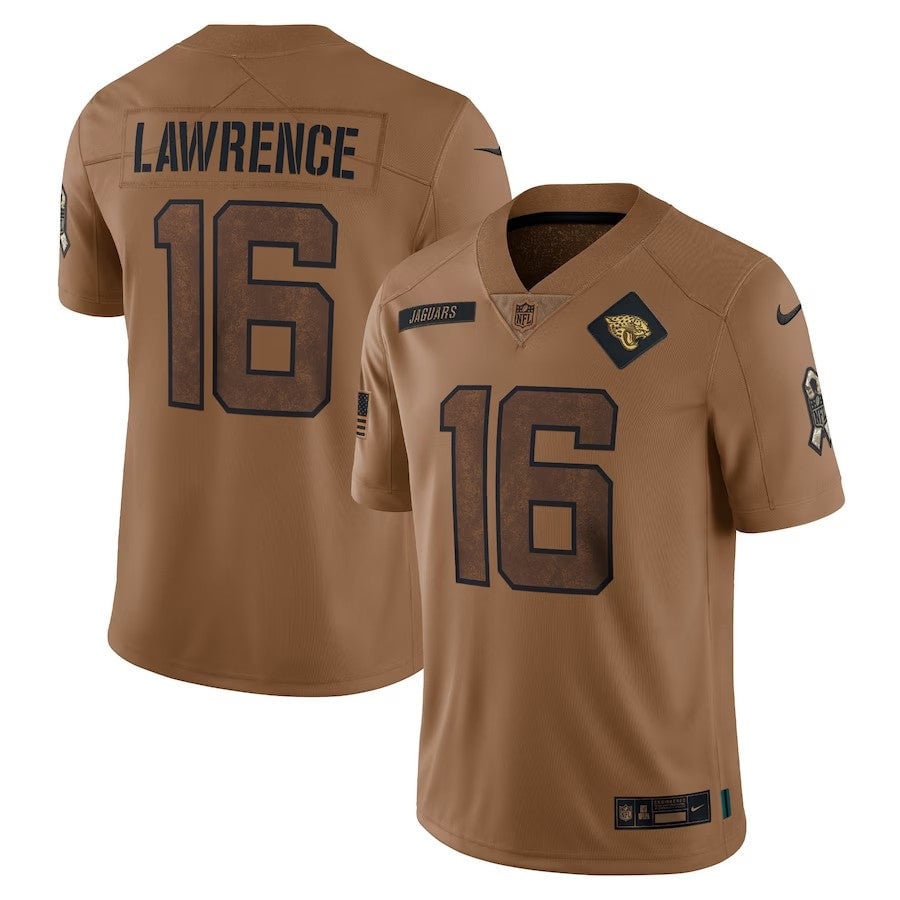Jacksonville Jaguars 16 Trevor Lawrence 2023 Salute To Service Jersey - Brown football jersey product view 1