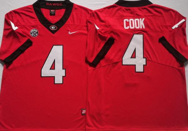 Men's Georgia Bulldogs James Cook #4 Red Player Game Jersey sports jersey product view 1