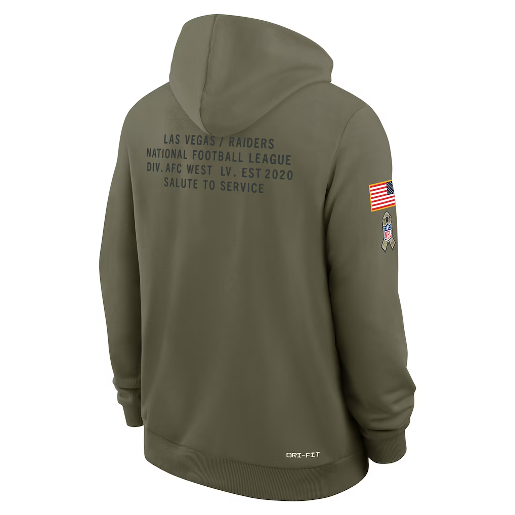Men's Las Vegas Raiders Nike Olive 2025 Salute to Service Sideline Standard Issue Dri-FIT Hoodie football jersey product view 2