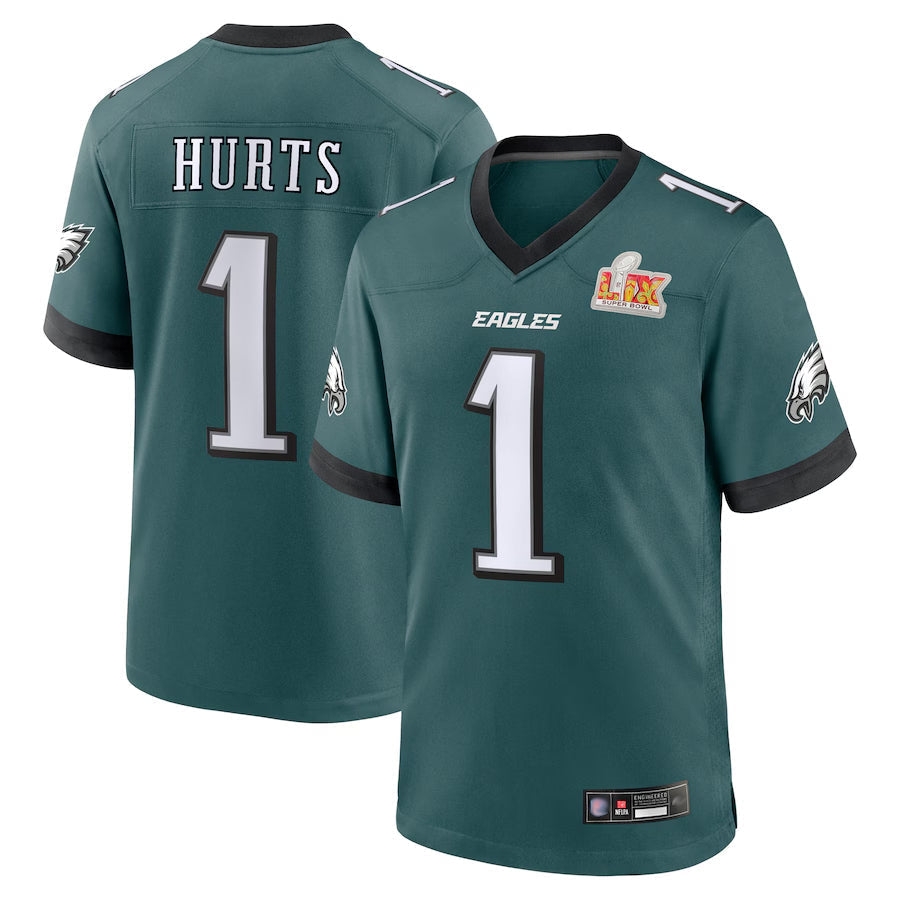 #1 Jalen Hurts Midnight Green P.Eagles Super Bowl LIX Game Player Football Jerseys football jersey product view 1