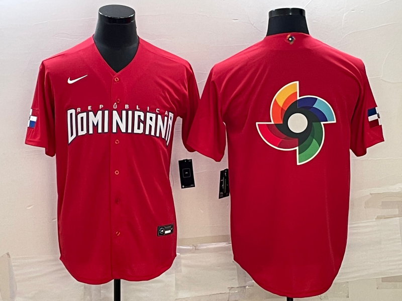 Men's 2023 World Baseball Classic Dominican Republic Red Jersey1 baseball jersey product view 1