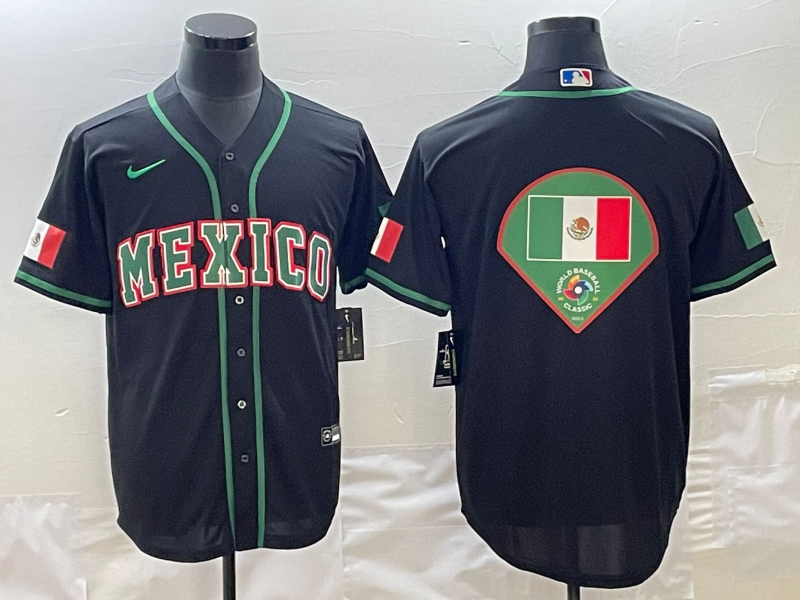 Men's 2023 World Baseball Classic Mexico Black Player Jersey1 baseball jersey product view 1