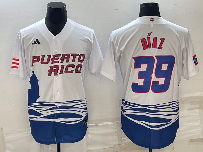 Men's 2023 World Baseball Classic #39 Edwin Diaz Puerto Rico White Jersey1 baseball jersey product view 1