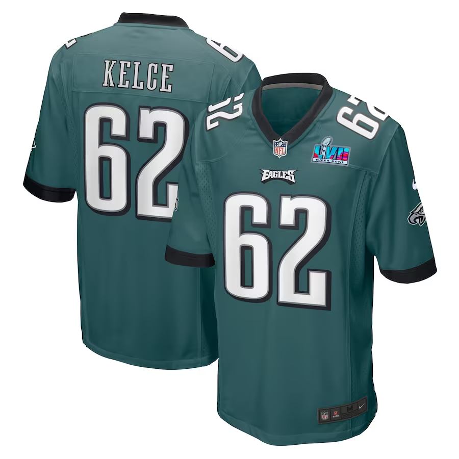 Men's Philadelphia Eagles Jason Kelce #62 Midnight Green Super Bowl LVII Patch Game Jersey1 football jersey product view 1