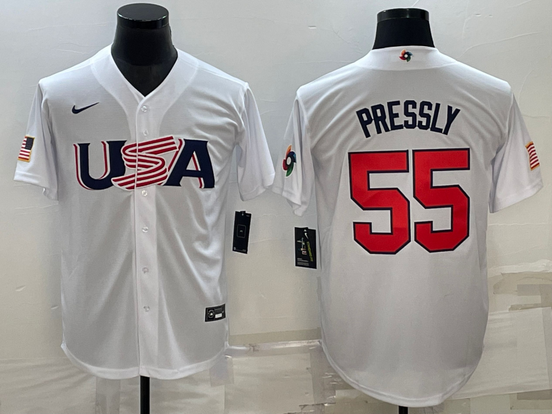 Men's 2023 World Baseball Classic #55 Ryan Pressly USA White Jersey1 baseball jersey product view 1