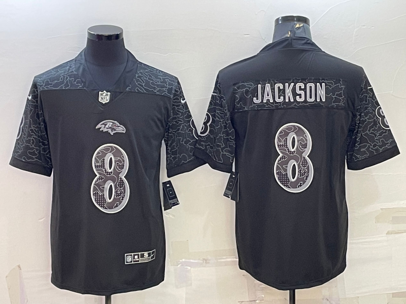 Men's Baltimore Ravens Lamar Jackson #8 Black RFLCTV Limited Jersey1 football jersey product view 1