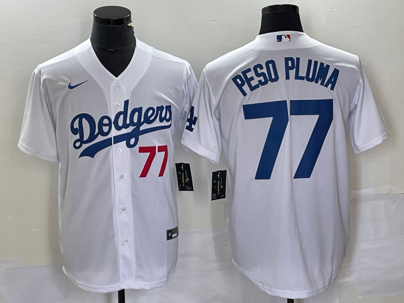 Men's Los Angeles Dodgers Peso Pluma #77 White Replica Player Jersey1 baseball jersey product view 1