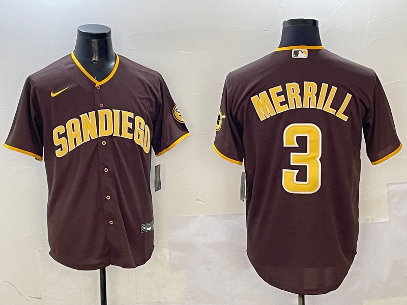 Men's San Diego Padres Jackson Merrill #3 Brown Replica Player Jersey1 baseball jersey product view 1