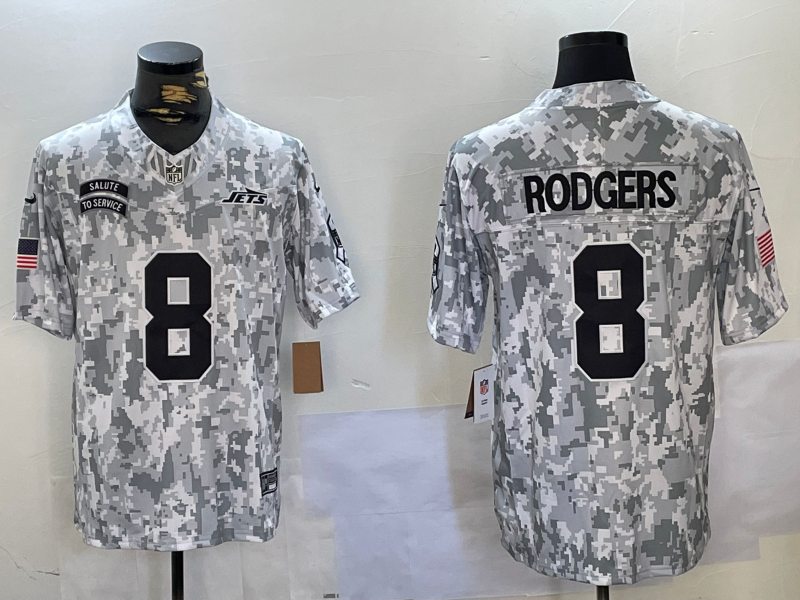 Men's New York Jets Aaron Rodgers #8 Arctic Camo 2024 Salute to Service Limited Jersey1 football jersey product view 1