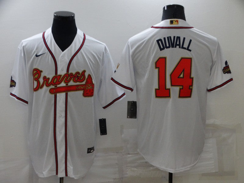 Men's Atlanta Braves Adam Duvall #14 White Replica Baseball Jersey1 baseball jersey product view 1