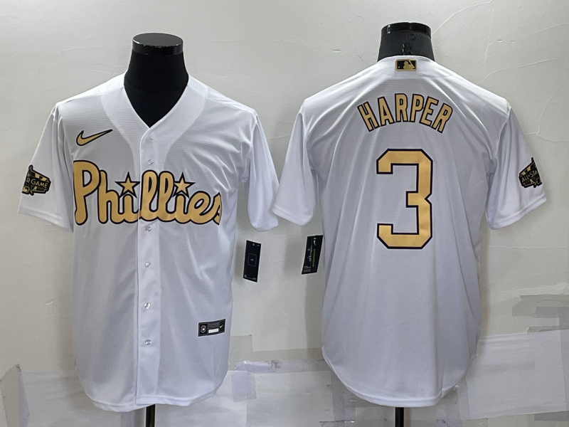Men's Philadelphia Phillies Bryce Harper #3 White Replica Player Jersey1 baseball jersey product view 1