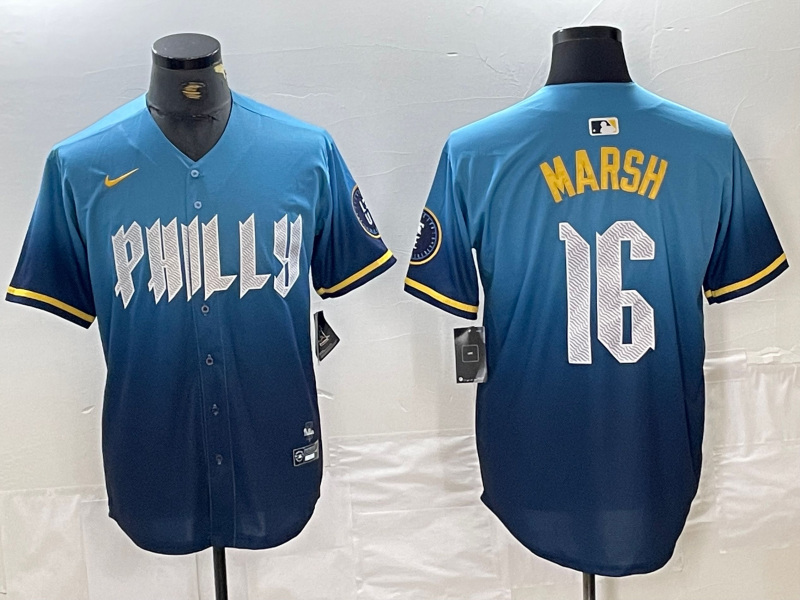 Men's Philadelphia Phillies Brandon Marsh #16 Blue 2024 City Connect Limited Player Jersey1 baseball jersey product view 1