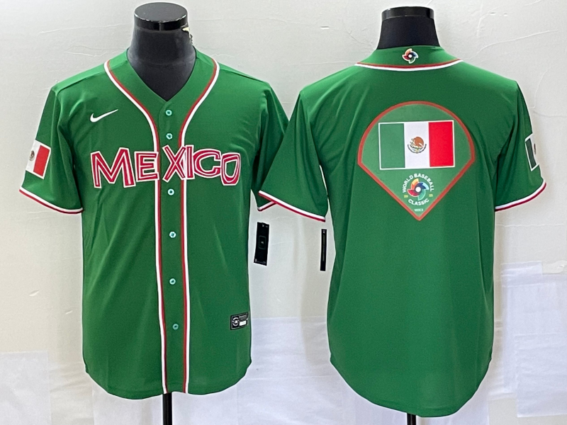 Men's 2023 World Baseball Classic Mexico Green Alternate Game Jersey1 baseball jersey product view 1
