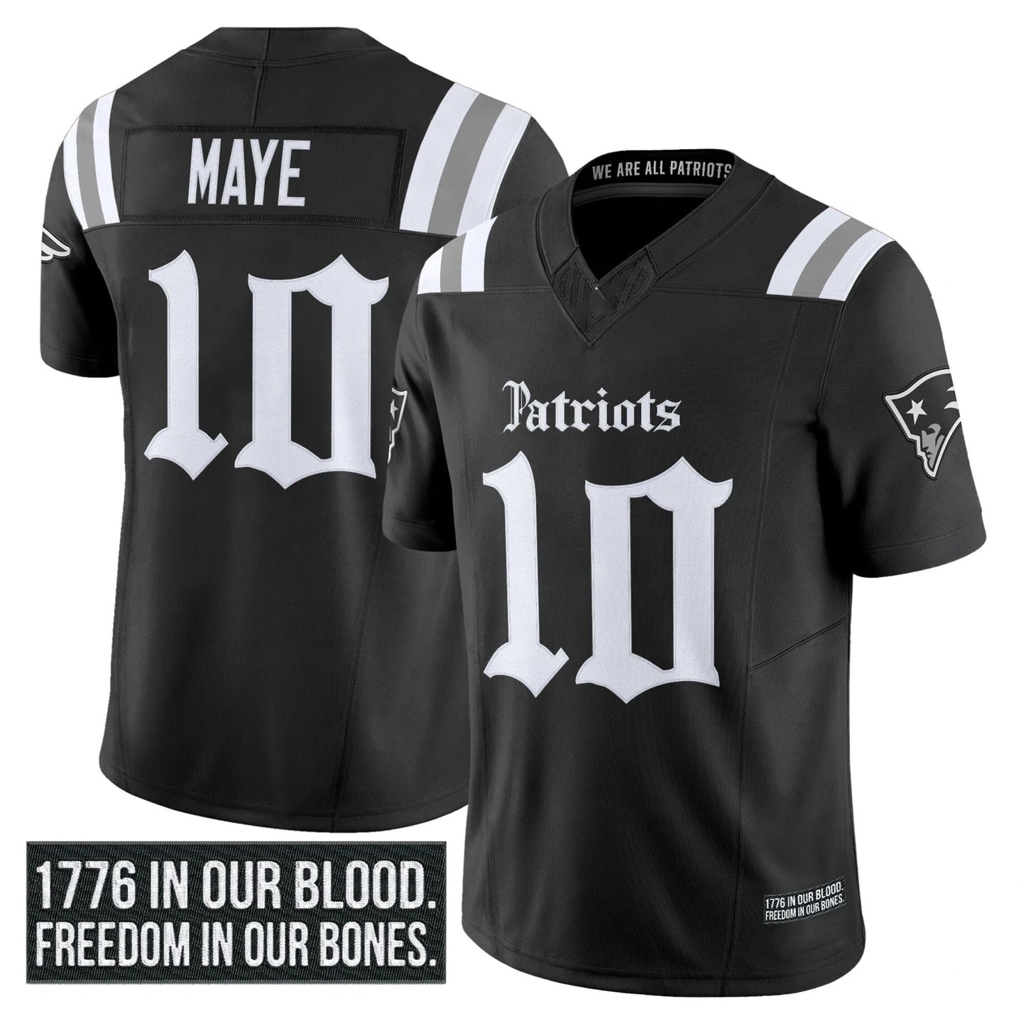 Drake Maye New England Patriots Gothic Jersey - Black football jersey product view 1