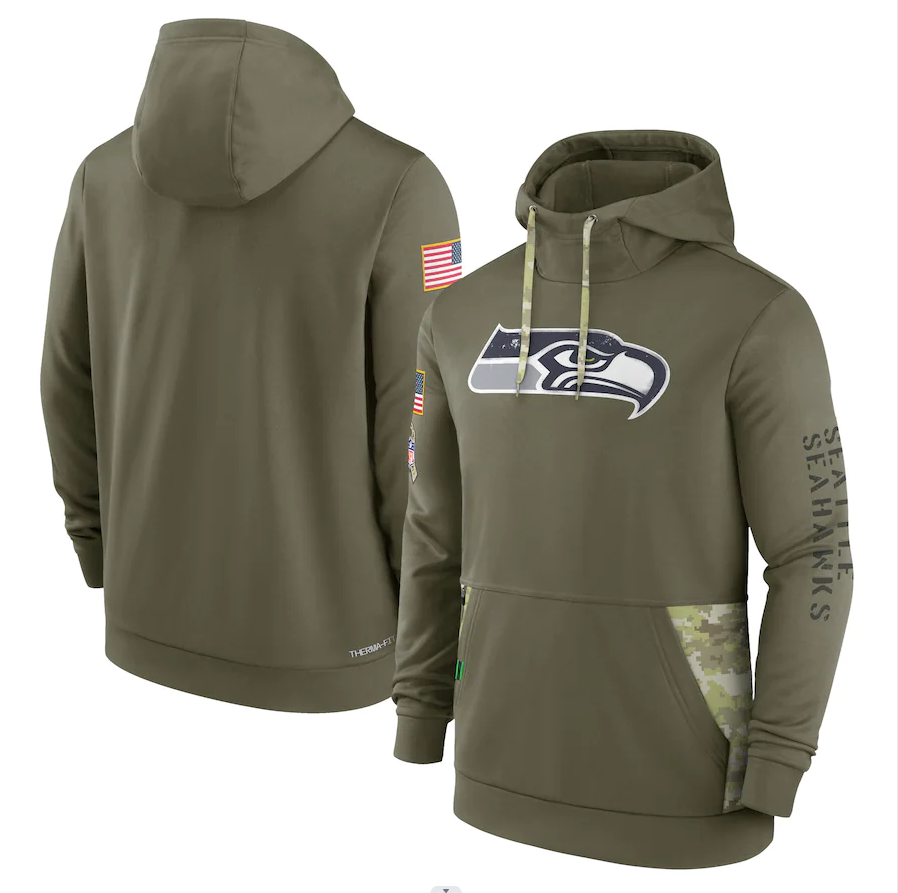 Men's Seattle Seahawks Olive 2022 Salute to Service Therma Performance Pullover Hoodie1 football jersey product view 1