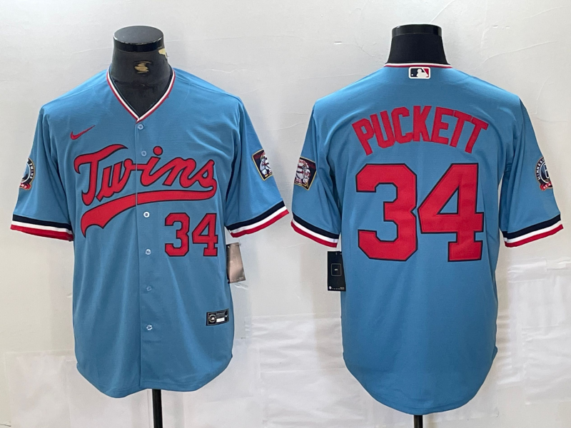 Men's Minnesota Twins Kirby Puckett #34 Blue Stitched Jersey baseball jersey product view 1