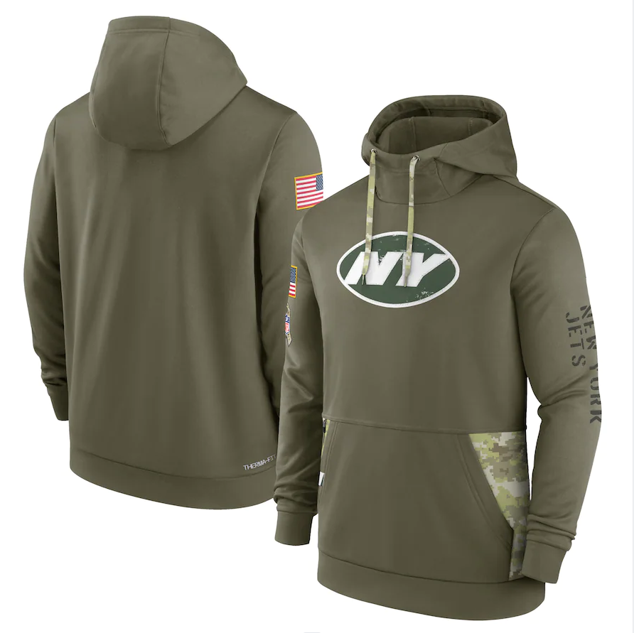 Men's New York Jets Olive 2022 Salute to Service Therma Performance Pullover Hoodie1 football jersey product view 1