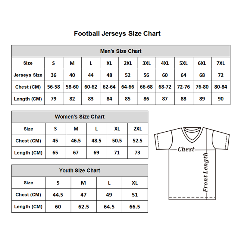 Football jersey size chart