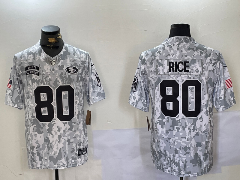 Men's San Francisco 49ers Jerry Rice #80 Arctic Camo 2024 Salute to Service Retired Player Limited Jersey1 football jersey product view 1