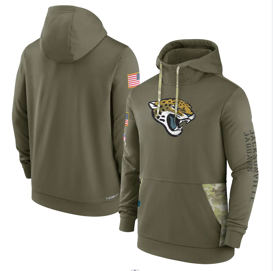 Men's Jacksonville Jaguars Olive 2022 Salute to Service Therma Performance Pullover Hoodie1 football jersey product view 1