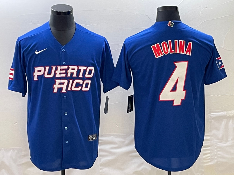 Men's 2023 World Baseball Classic #4 Yadier Molina Puerto Rico Blue Jersey1 baseball jersey product view 1